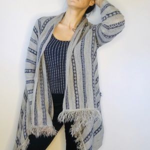 August Silk long open front cardigan, fringe, L.